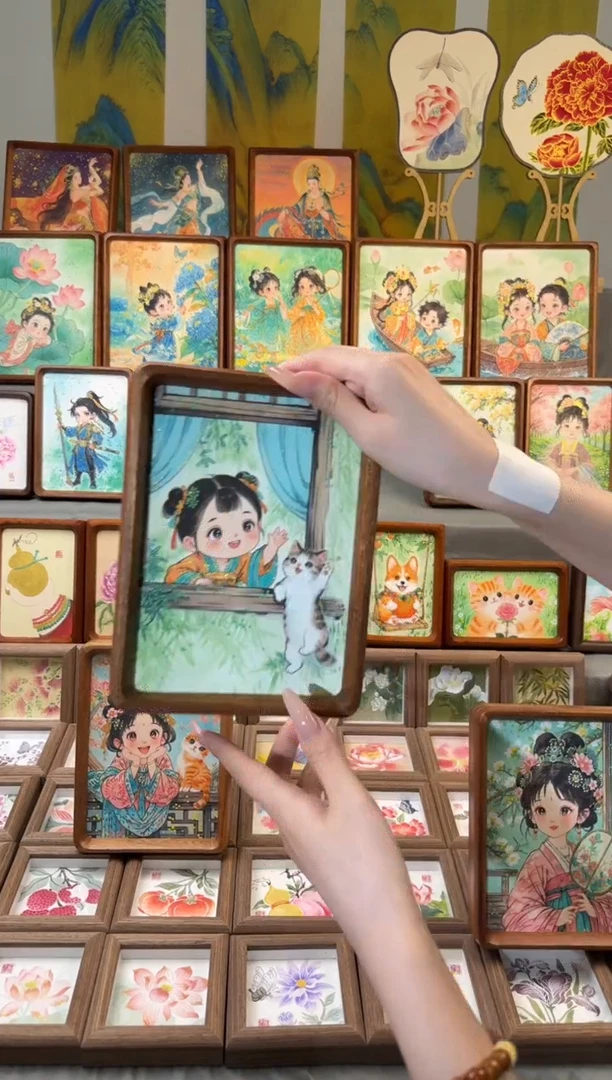 国画打招呼猫咪女孩 手绘国画7寸