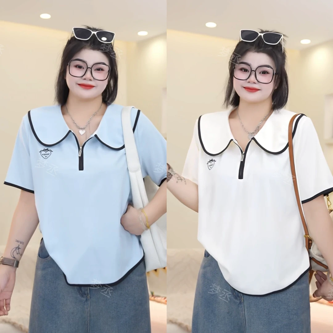 梦丞【女高体验卡】大码女装娃娃领刺绣减龄宽松软糯显瘦短袖上衣