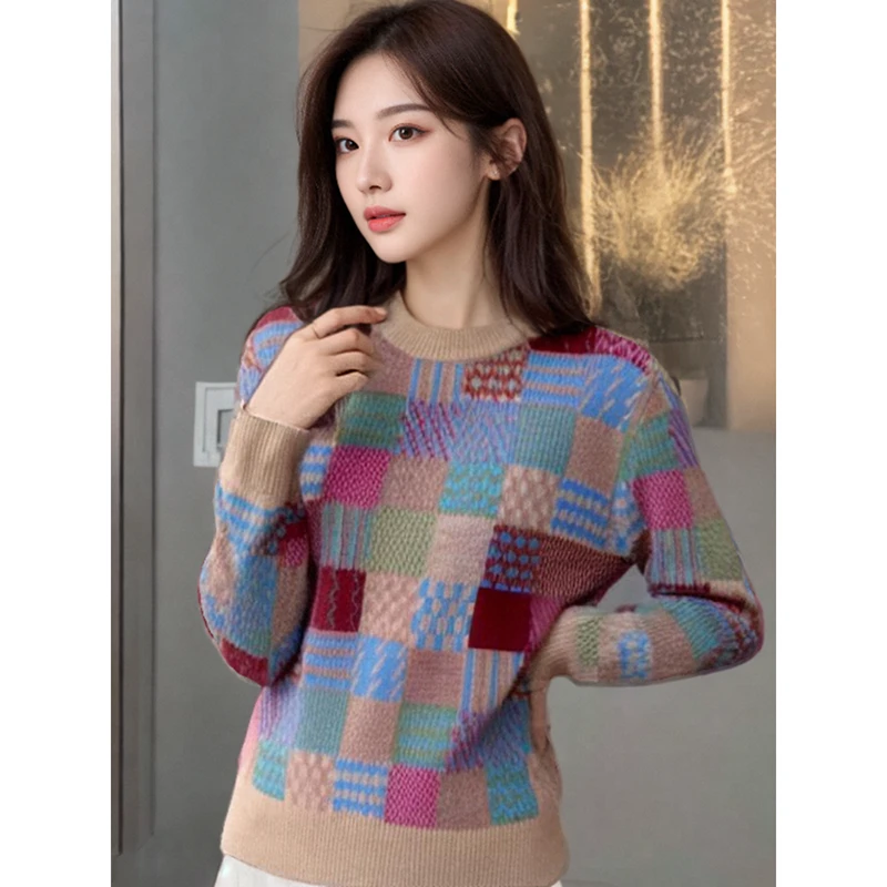 37684【然系列】圆领格纹撞色针织衫RAQ25012