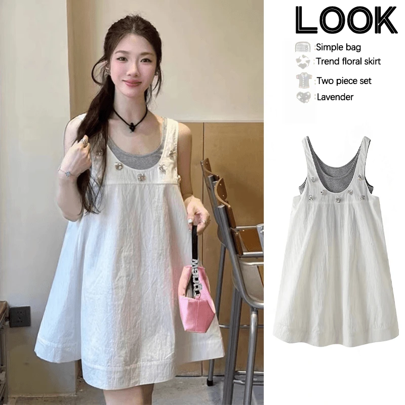 孕妇夏装白色钉珠叠穿吊带两件背带短裙宽松背心裙时尚两件套夏季