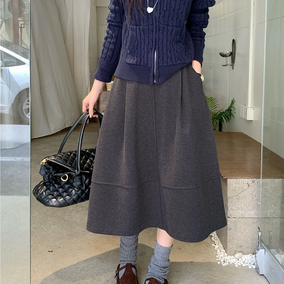 韩版花苞裙女中长款时尚A字半身裙高腰松紧长裙极简百搭遮胯裙子