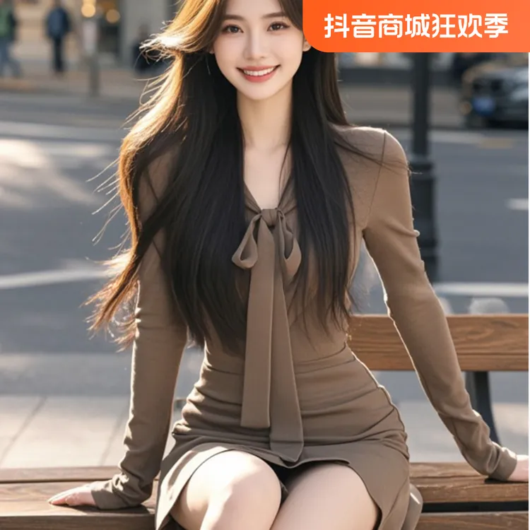 【B Y】蝴蝶结棕色收腰A字裙显瘦气质长袖辣妹修身设计感小众秋季