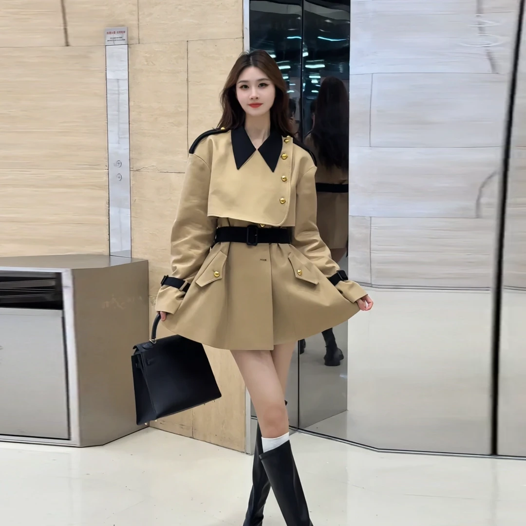 早秋上新卡其色韩系慵懒风风衣外套双排纽扣工装复古收腰上衣