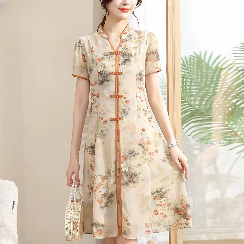 X0548 夏季气质连衣裙女显瘦遮肉修身中国风绿色连衣裙