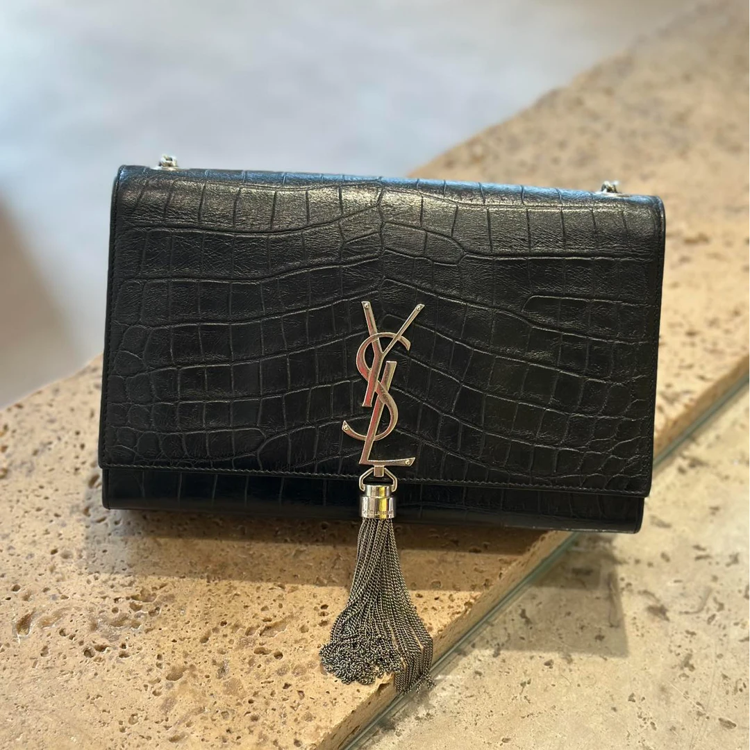 95新 YSL/圣罗兰 黑银 鳄压纹 kate 流苏 中号 单肩斜挎包/122804