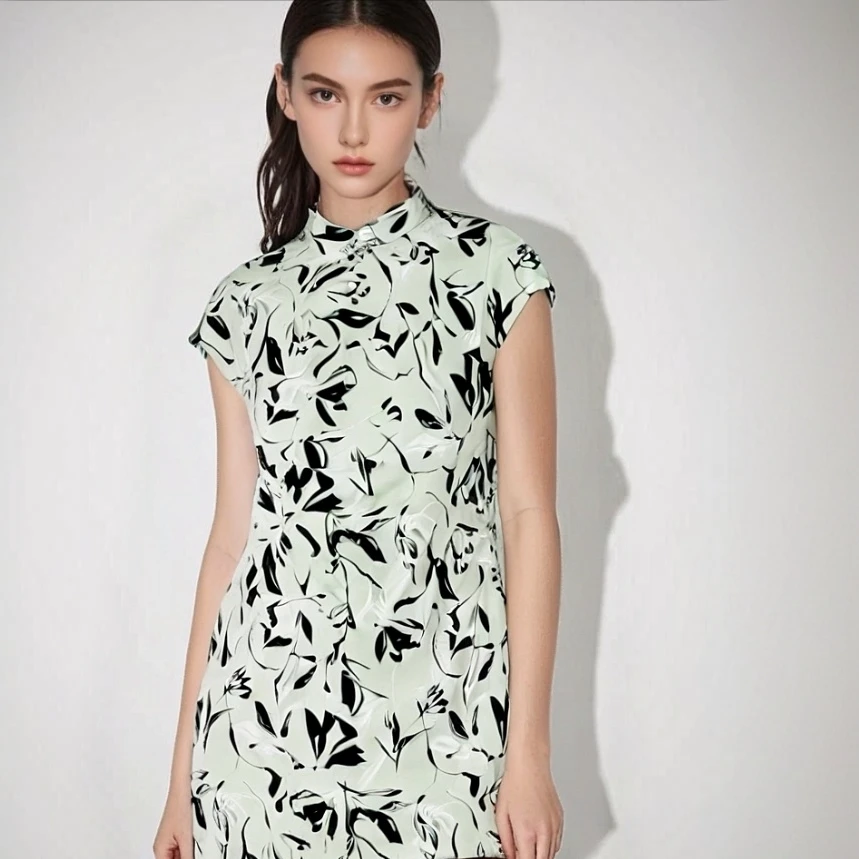 桑蚕丝连衣裙时尚超百搭新中式素缎印花立领连衣裙 8255162