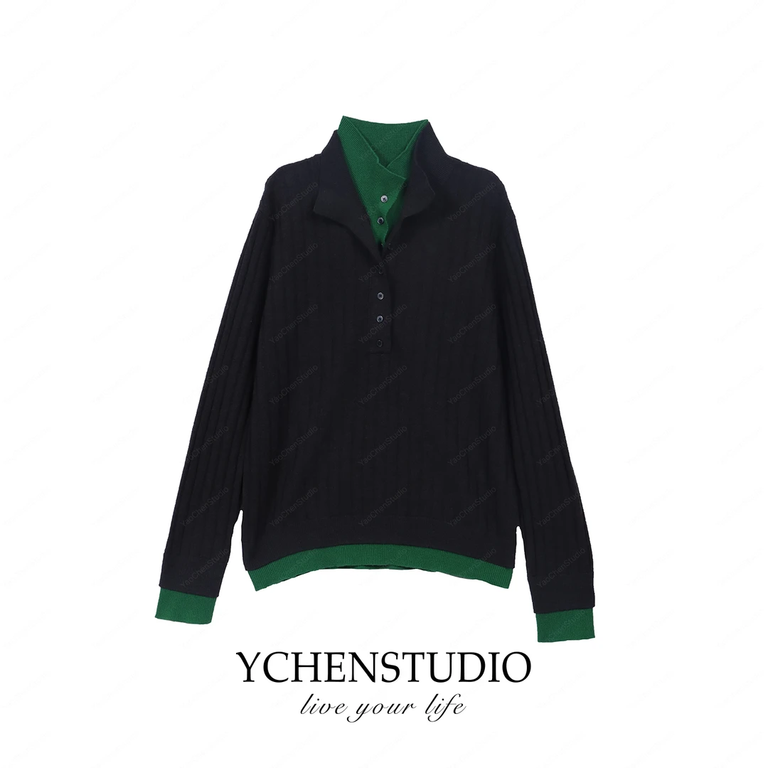 YCHENSTUDIO【时光定格】早秋新款时尚拼接长袖针织衫TX25818