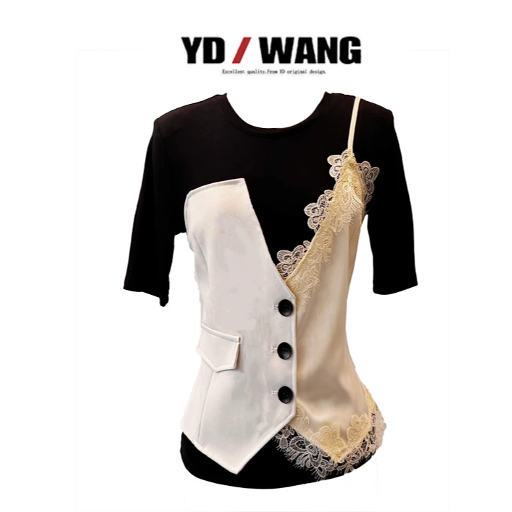 【YD精选】修腰假两件蕾丝边上衣   设计款时尚休闲小众气质女人味