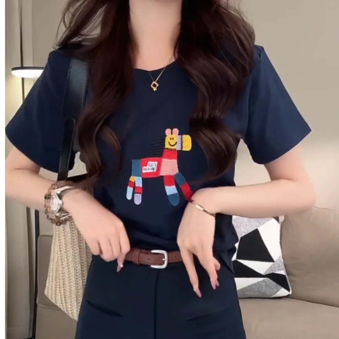 小马”刺绣设计夏季短袖T恤休闲百搭圆领上衣LK2503318