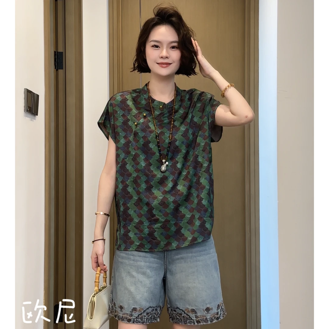 欧尼私服 2025夏新中式国风绿色格纹盘扣短袖T恤上衣2506C3143