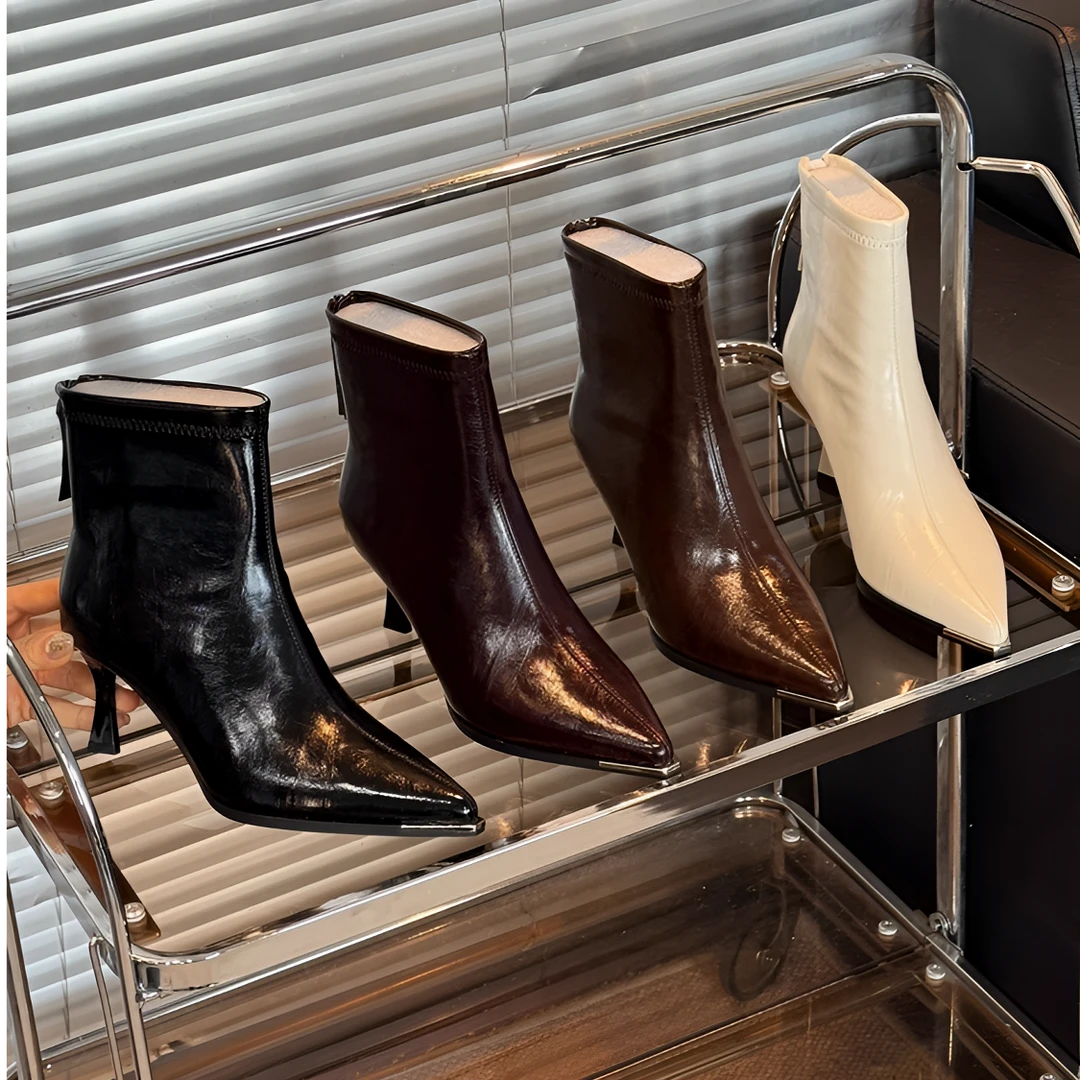 尖头短靴女2025年秋冬新款短筒小众拉链弹力瘦瘦靴细跟高跟靴子女