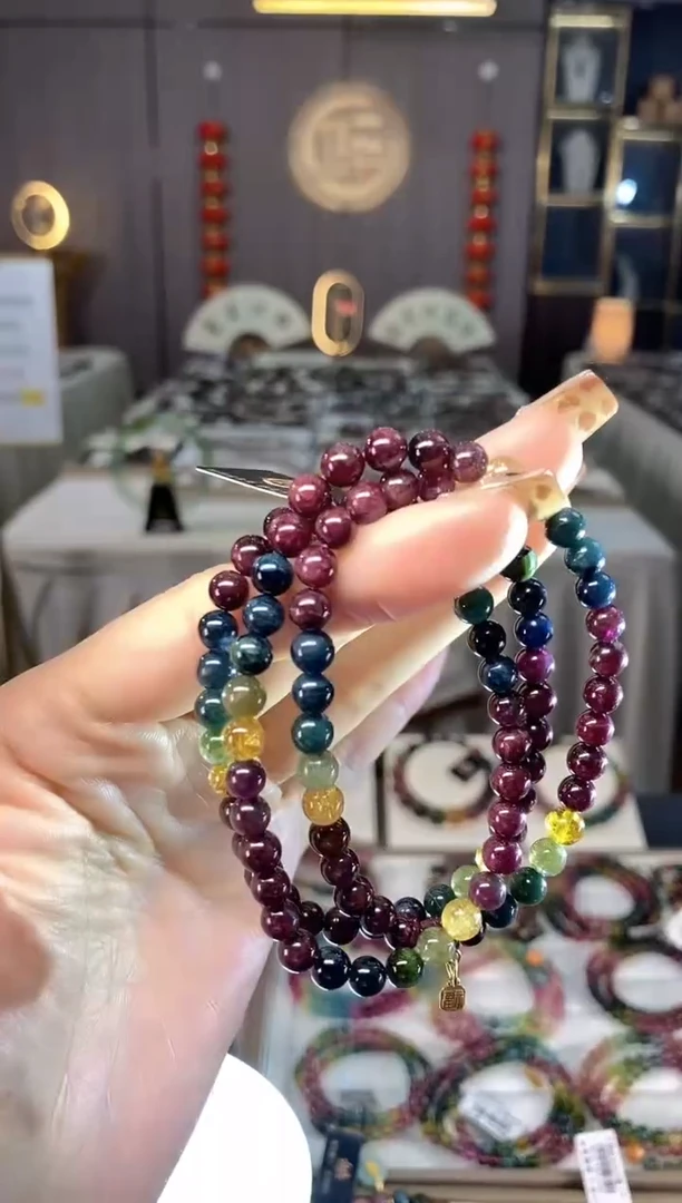 未镶嵌老矿碧玺色标彩虹三圈手串5mm+碧玺dan多样性发货一条