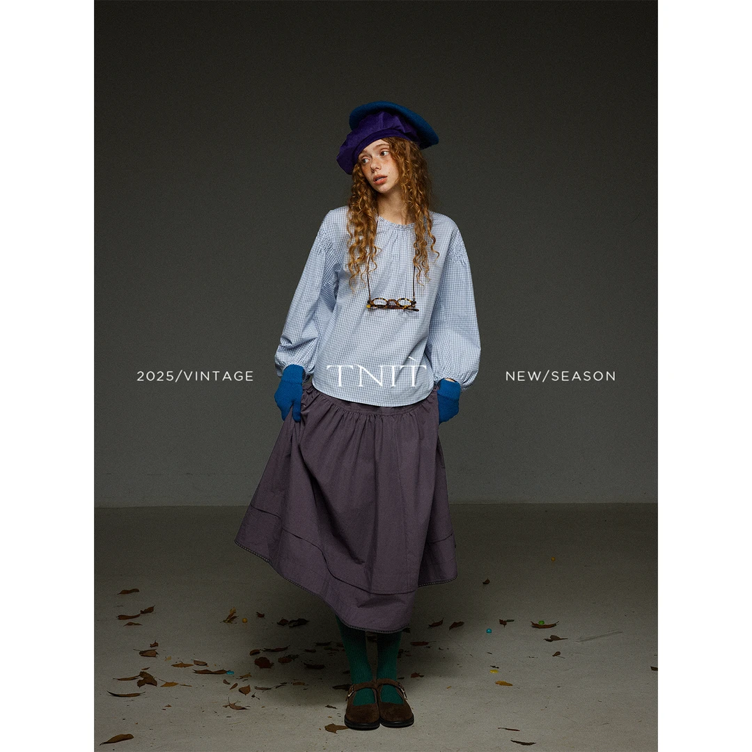 TNIT复古灯笼袖圆领格子衬衫女秋季简约宽松百搭设计感长袖上衣