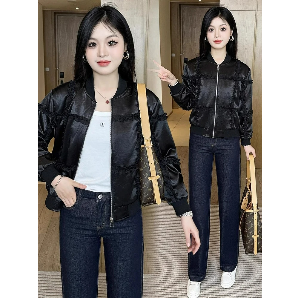 时尚小香风短外套女2025春新款时髦洋气百搭木耳边棒球服夹克上衣