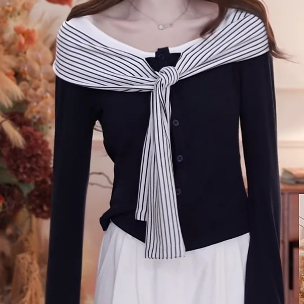 藏蓝色拼接条纹绑带长袖t恤新款时尚修身上衣C5848