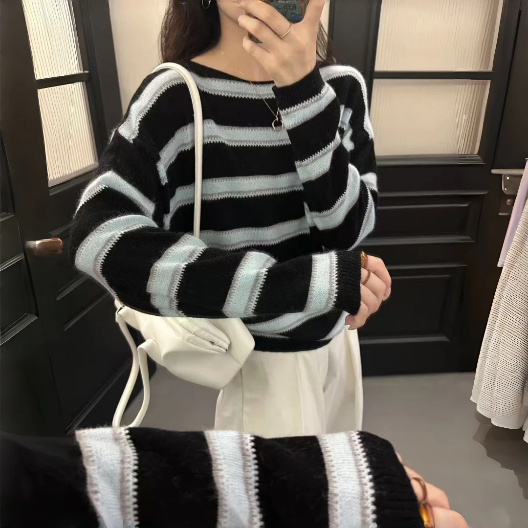 针织毛针织衫韩系条纹秋冬新款气质显瘦短款宽松毛衣加厚圆领套头