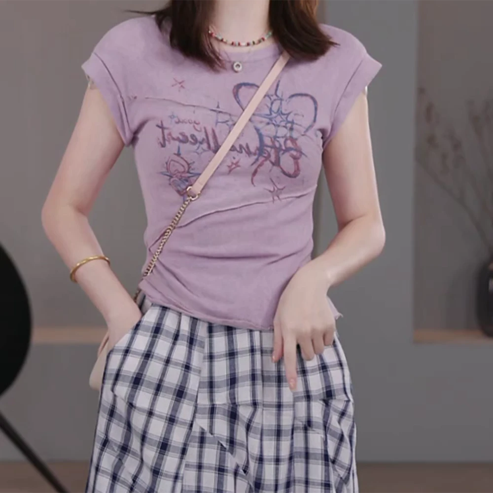 夏装2025年新款显瘦薄款紫色短袖T恤上衣C5637