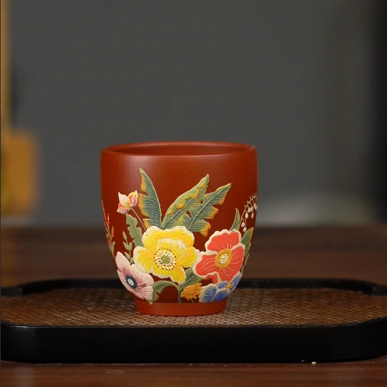 7208宜兴紫砂茶具大红袍捂灰堆绘热带雨林主人杯150ccFSY茶杯