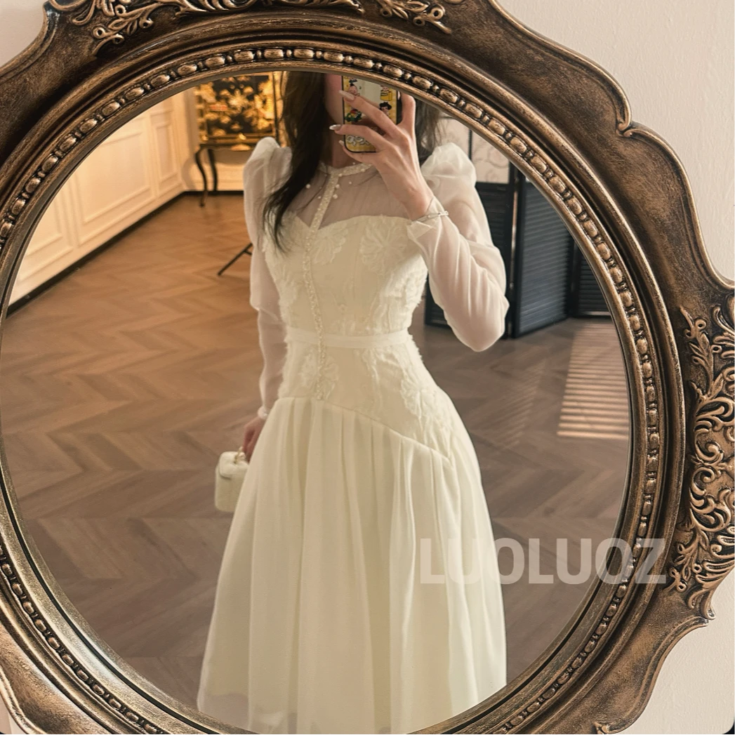 LUOLUOZ【尘光掠影】高级感气质网纱收腰女神范长款连衣裙CC036