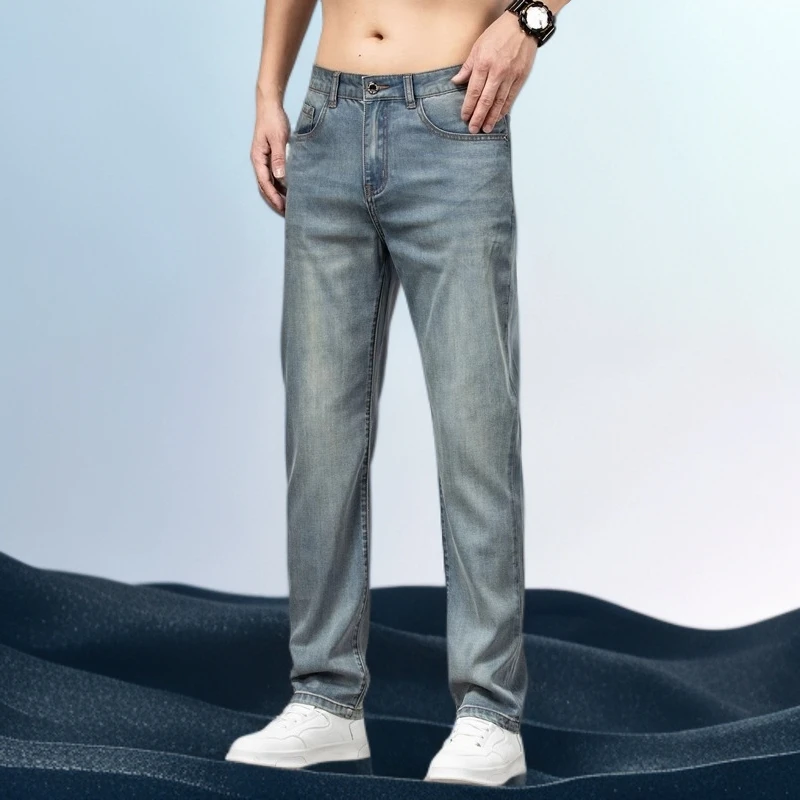 巴赛娜缇时尚潮流牛仔裤男士夏季薄款复古宽松直筒商务冰丝休闲裤