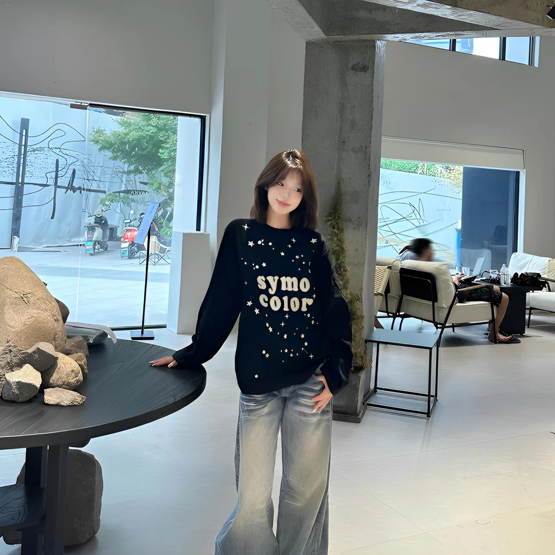 美式高街黑色慵懒五角星长袖t恤女初秋季宽松字母印花设计感上衣