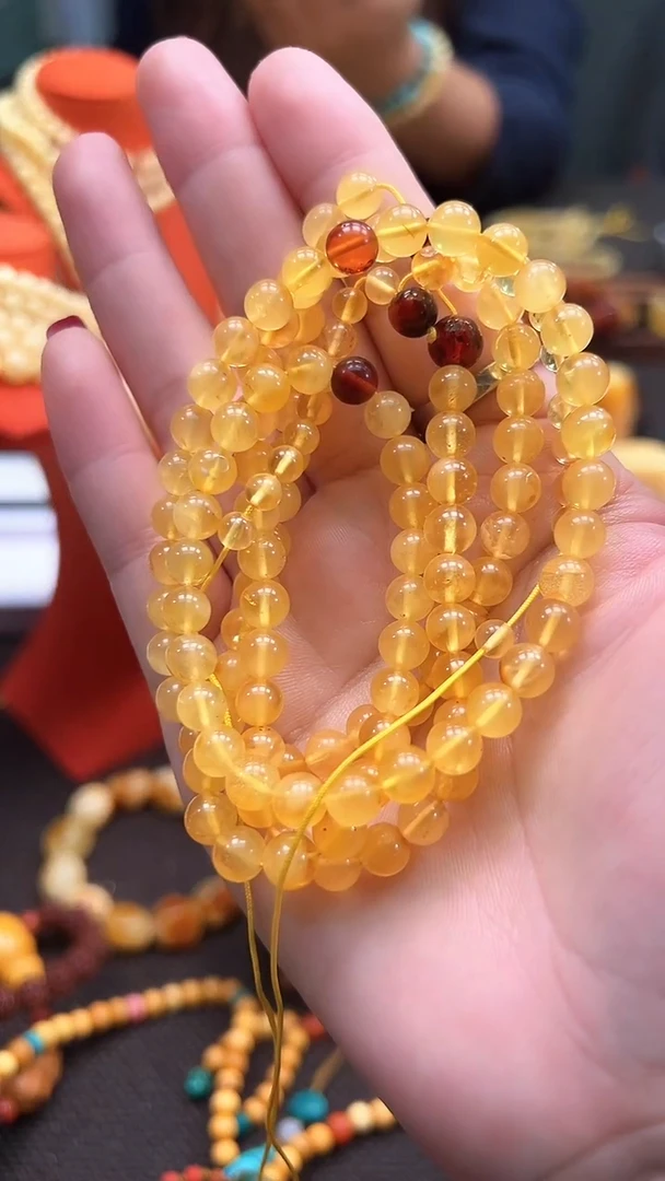 蜜蜡颈饰未镶嵌6+蜜蜡金绞蜜圆珠多圈108  微暇  一条