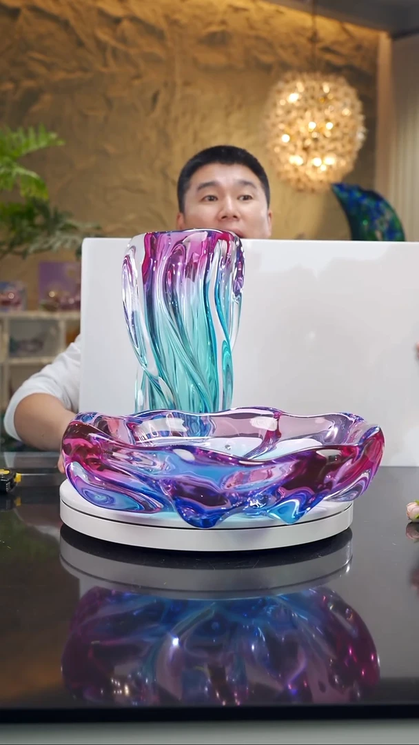 摆件菲*～设计款金红蓝花瓶果碗一对