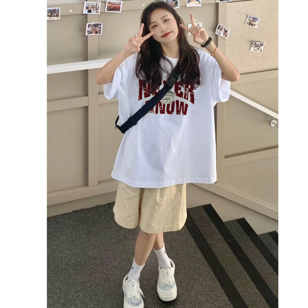 大码纯棉白色字母印花短袖t恤女装胖mm2-300斤夏季宽松设计感上衣