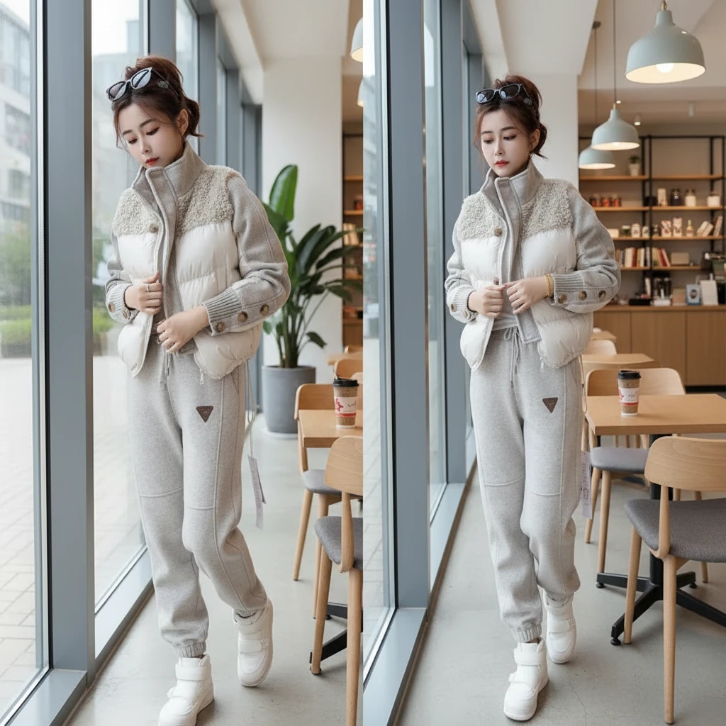 棉衣套装女2025冬季新款韩版时尚棉服洋气拼接休闲减龄加厚两件套