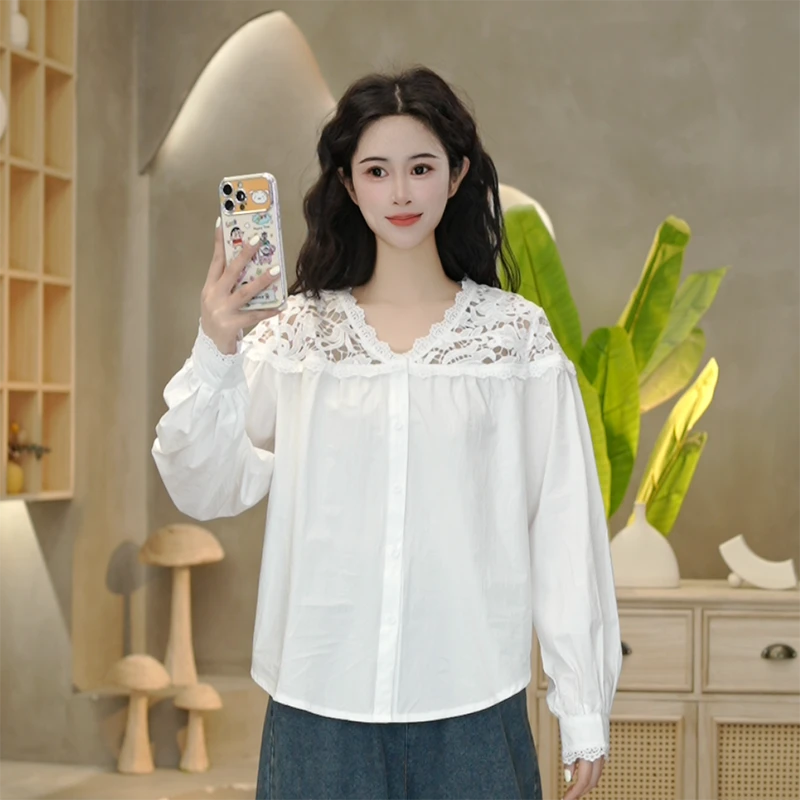 8866 花边镂空白色衬衫女春装新款极简风小众宽松长袖上衣