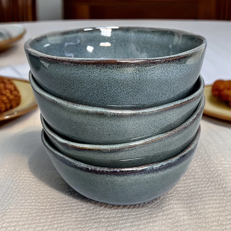 【4个装】瓷窑碗饭碗瓷碗大号复古米饭碗粥碗异形蓝绿色3715微瑕