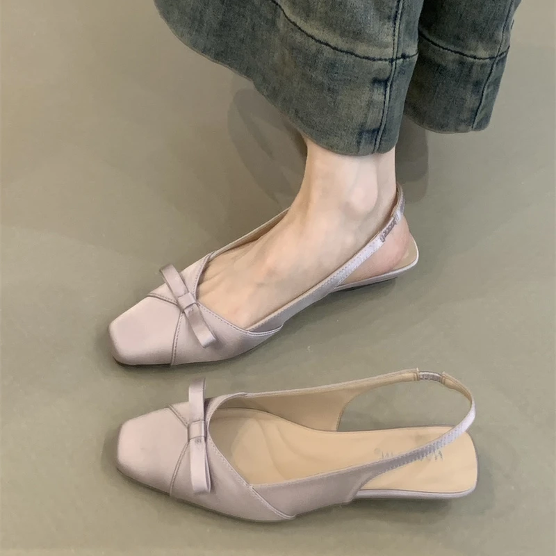 NQL-3196-9法式气质包头凉鞋女鞋2025年蝴蝶结方头浅口后绊带单鞋