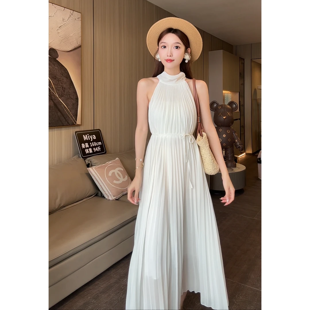 法式仙女度假百褶无袖连衣长裙