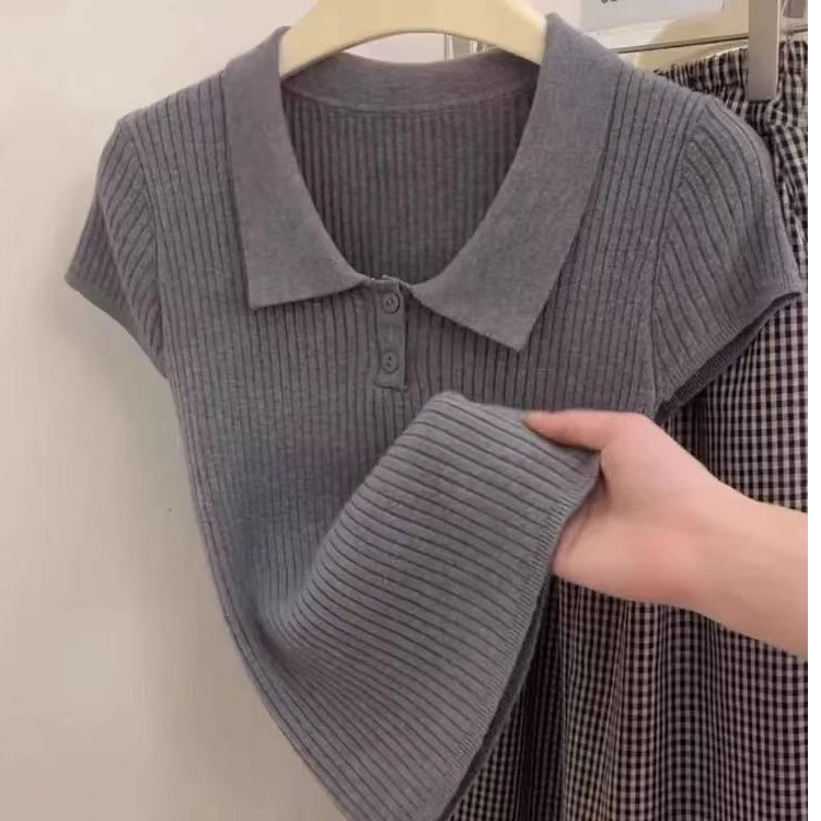 【萧瑟】polo领时尚新款冰丝短袖针织衫韩版气质显瘦百搭T恤上衣