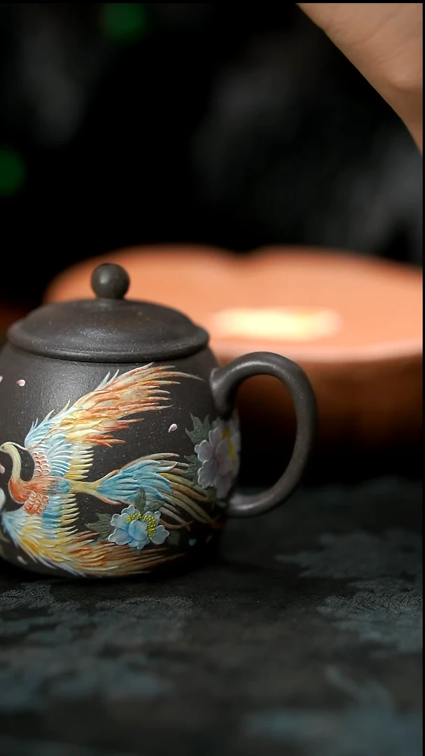 茶壶紫砂天青五彩凤凰壶