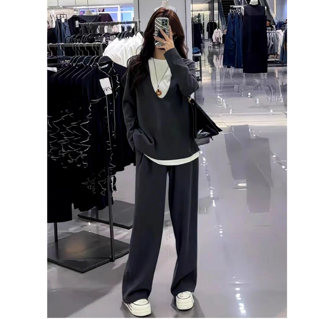 2025春季新款设计感假两件拼接圆领长袖上衣搭高腰休闲阔腿裤套装