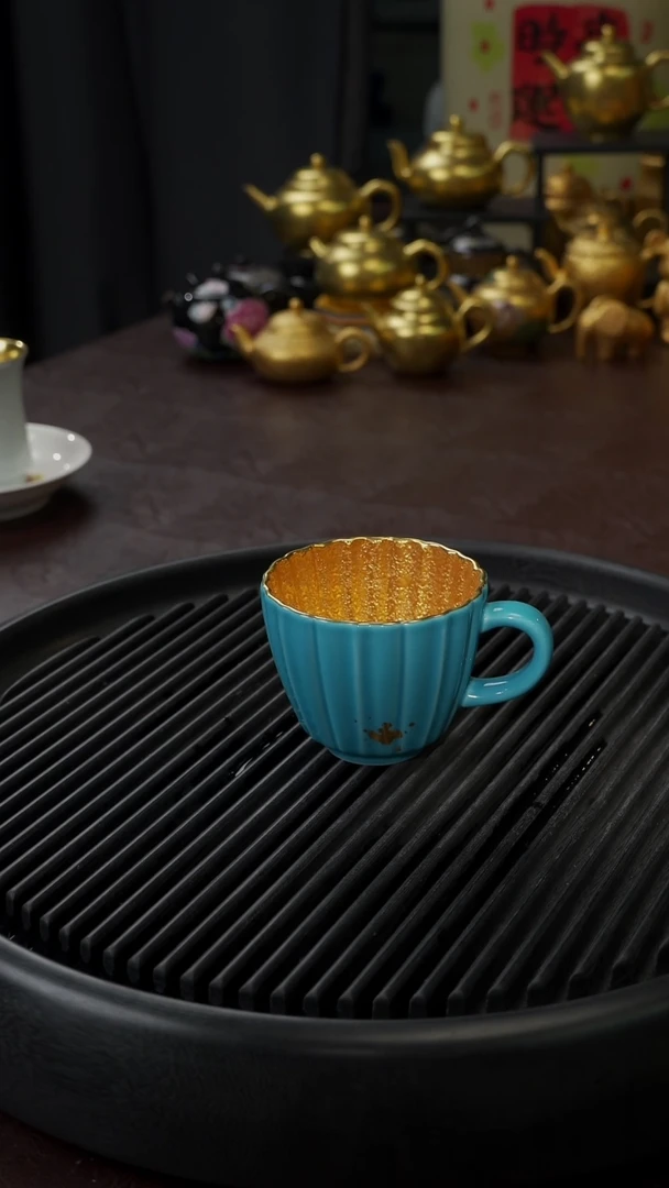 【闪购商品】杯【宜景窑松石蓝鎏金】筋纹马克杯