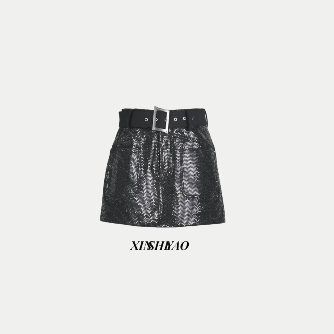 code小众设计珠片腰带短裙