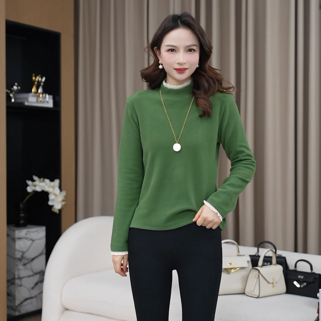 【内在美】蕾丝拼接加厚高克重纯色德绒上衣