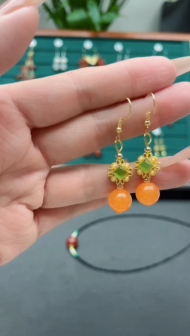 【闪购商品】玛瑙/玉髓耳饰银S925镀金镶嵌1109橘色