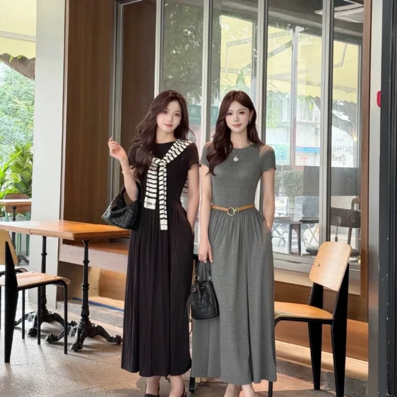 哥弟透气显瘦新款连衣裙短袖夏季通勤收腰法式女小个子长款850001