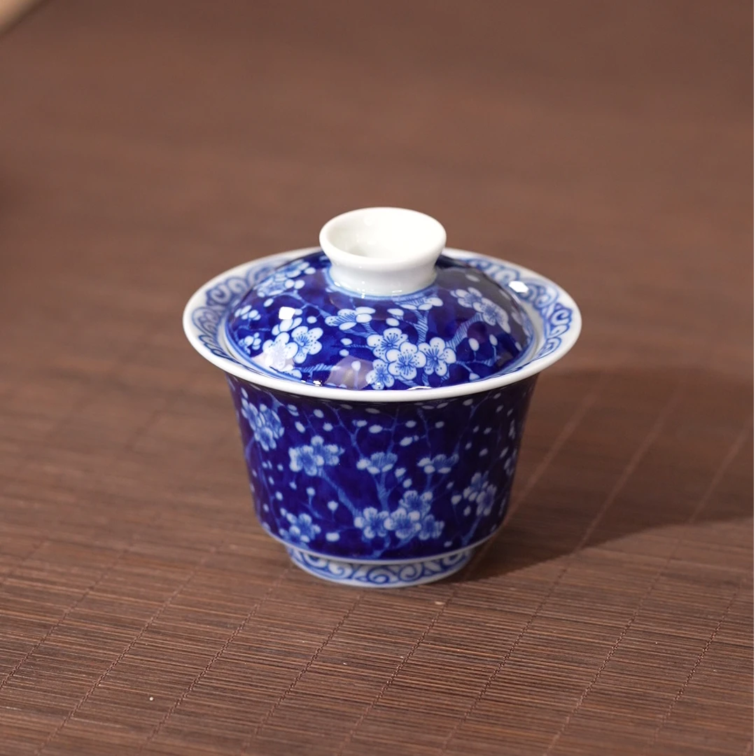 青花釉下冰梅马蹄二才盖碗(Q0310）