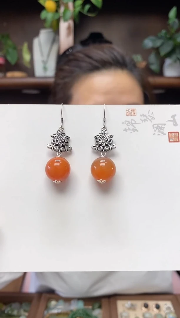 银S925镶嵌耳饰玛瑙/玉髓·一对
