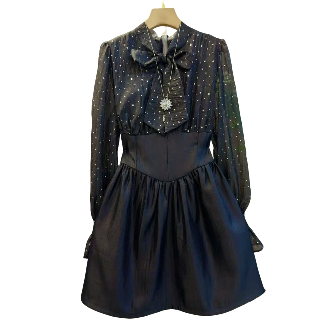 春季新款时尚拼接亮片收腰显瘦百搭气质连衣裙（长83左右）