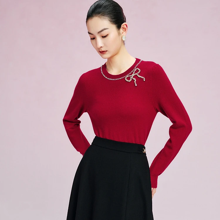 【晨粉专享价】春秋气质手工钉珠高级红毛衣女显瘦针织衫小香风