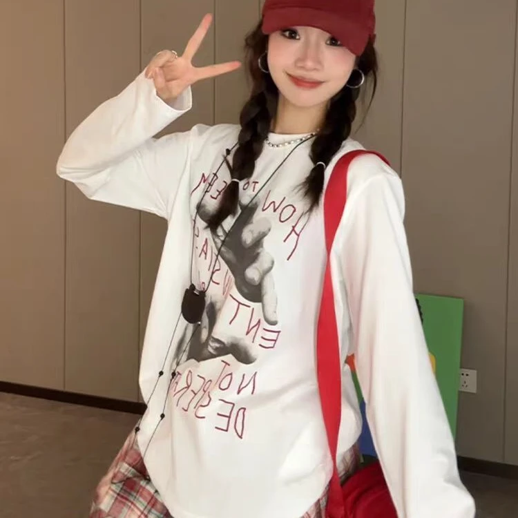 2025超火减龄上衣慵懒风韩系宽松创意印花长袖白色圆领T恤女早秋