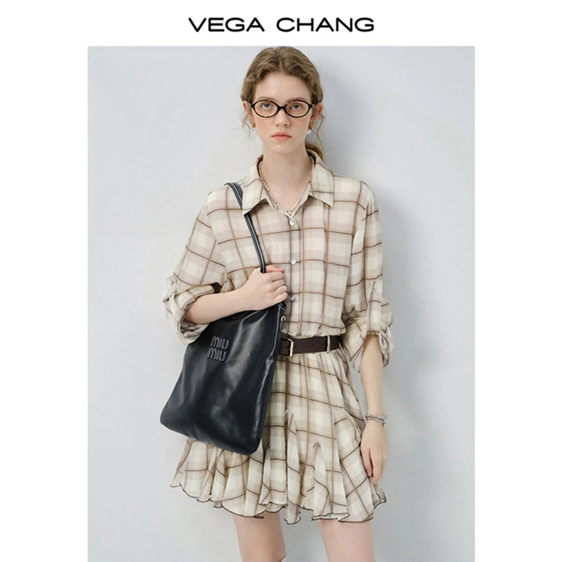 VEGA CHANG“可露丽风”格纹裙女2025新款夏设计感针梭连衣裙0411SQ