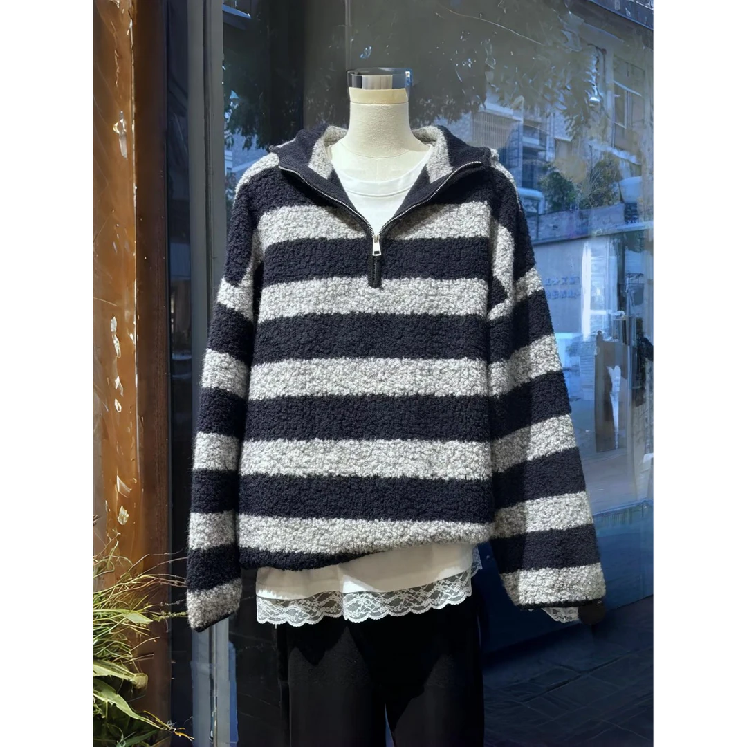 美爆了！墙裂推荐！半拉链连帽针织衫女毛衣慵懒条纹百搭高级感上衣