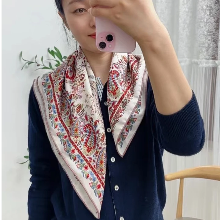 【华丽腰果】米白色63cm气质春秋双面女披肩冬桑蚕丝羊毛丝巾围巾