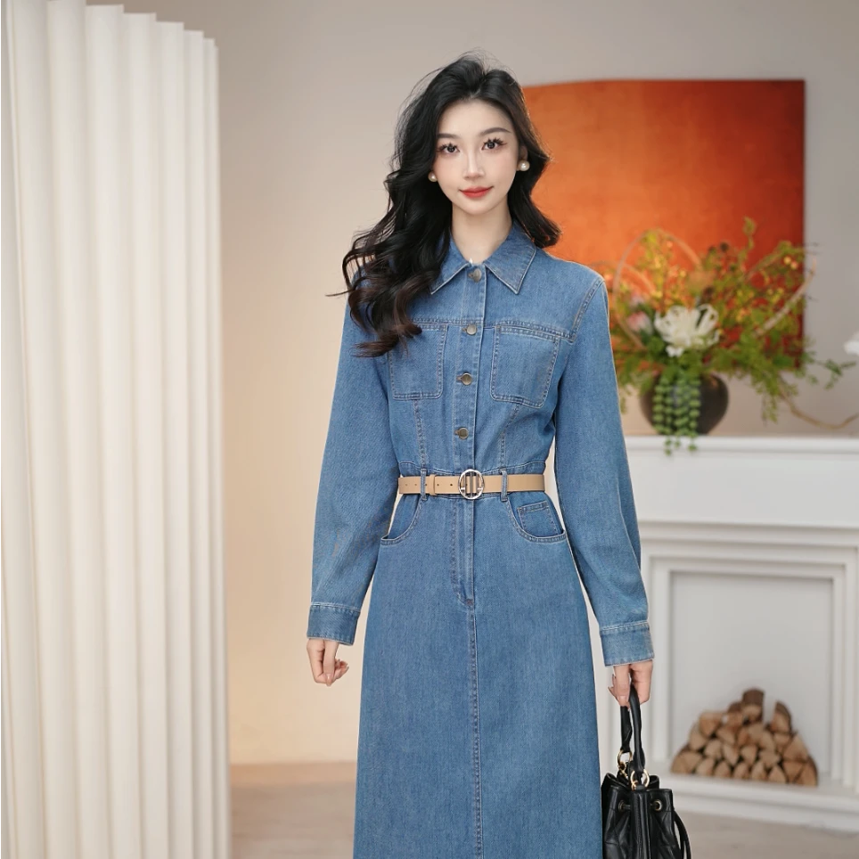 AMASS/阿玛施 新款时尚经典复古百搭翻领长袖牛仔连衣裙 5500657